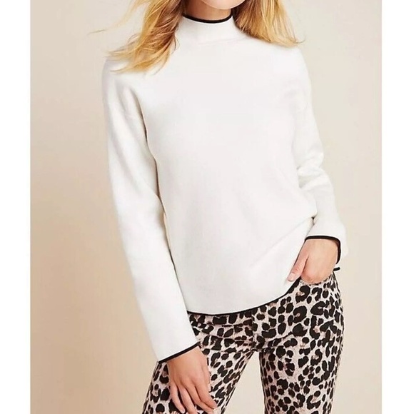 Anthropologie Sweaters - ANTHROPOLOGIE IVANNA LIZZIE MOCK NECK Black TRIM WHITE SWEATER TOP Size SMALL